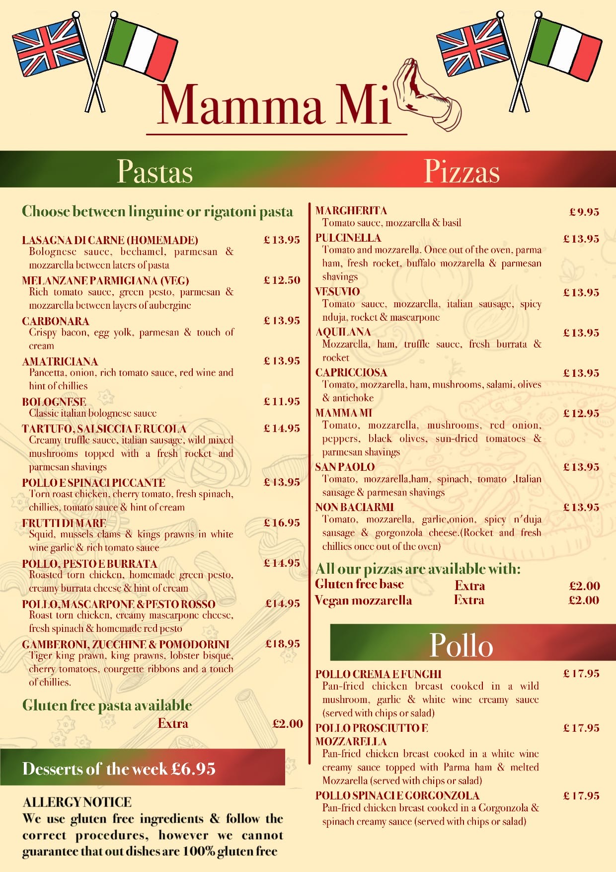 Mamma Mi Hove Menu - Pastas & Pizzas