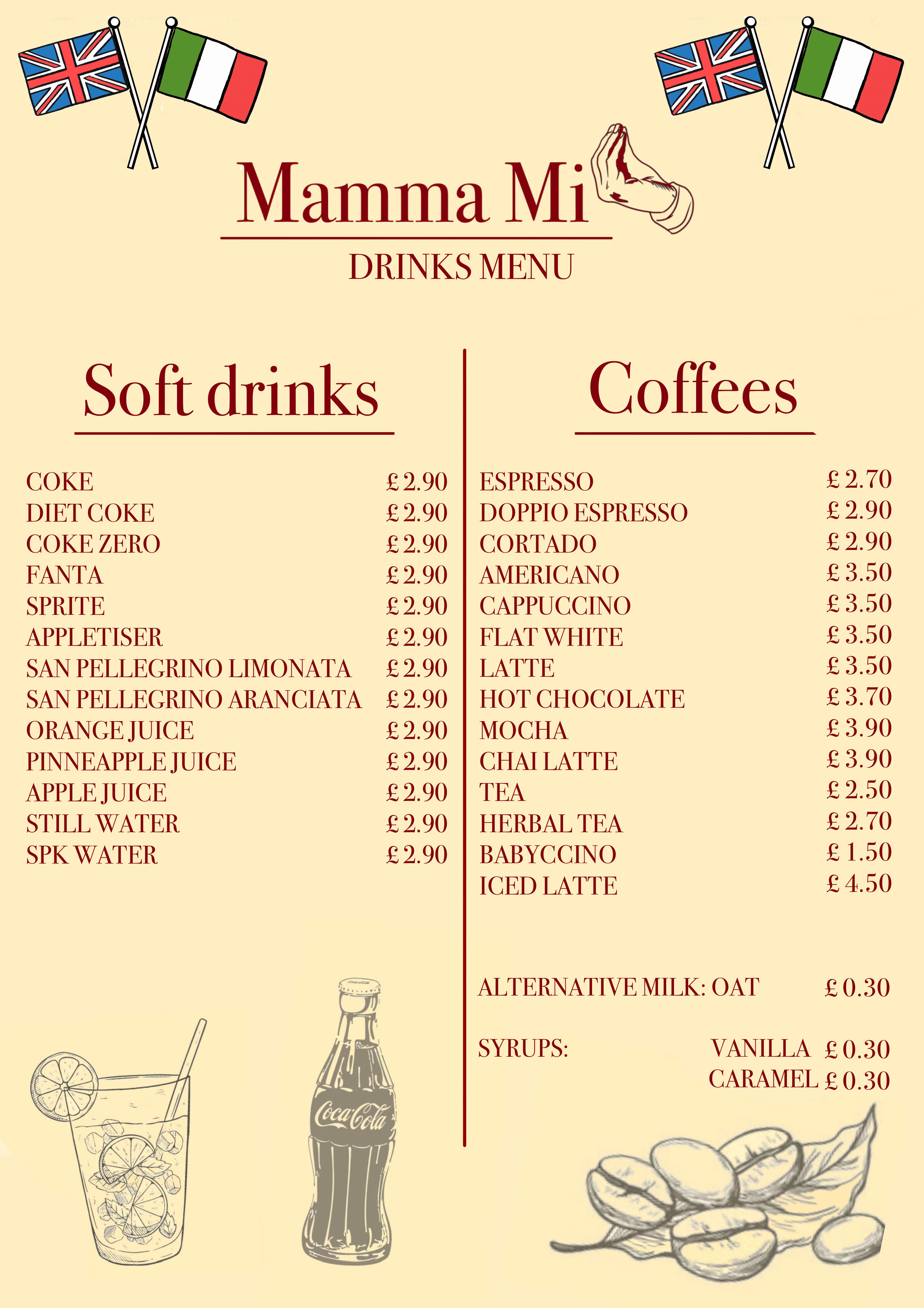  Mamma Mi Hove Menu - Soft Drinks and Coffees